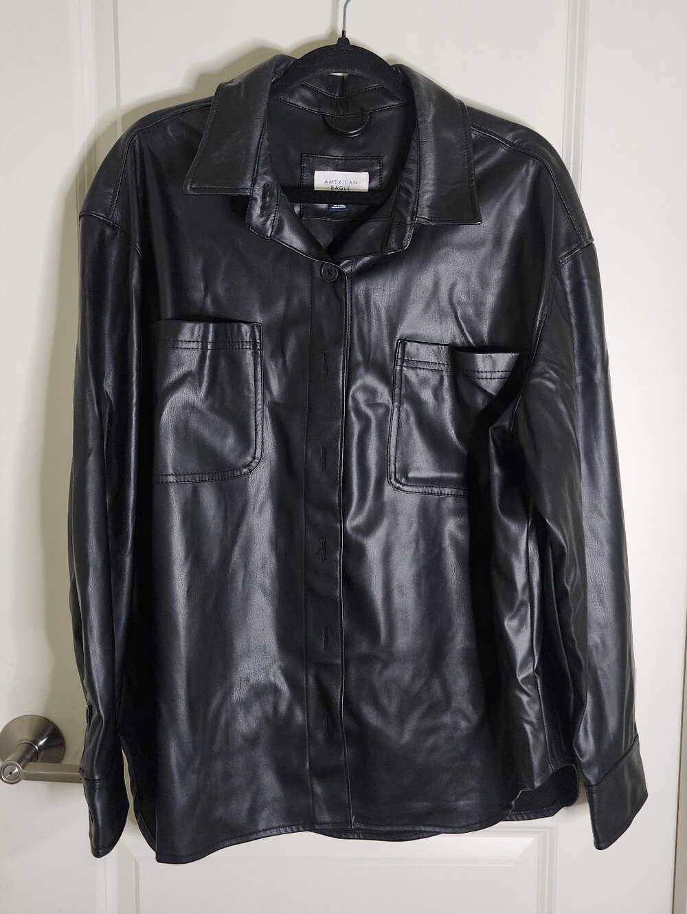 American Eagle Outfitters Black Faux-Leather Button Up Shirt Jacket Size L